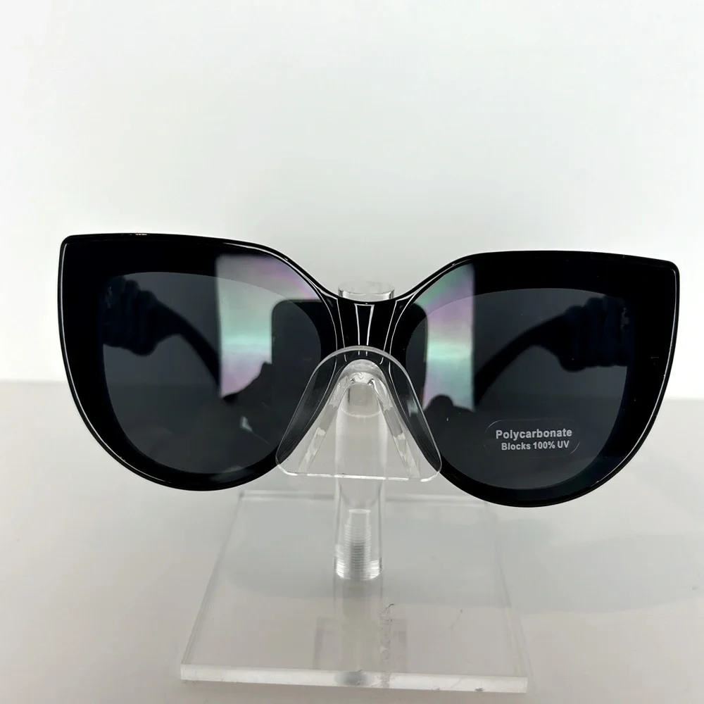 Sunglasses Women's Black With Round Link Design Gold Trim Oversized Cat Eye NEW